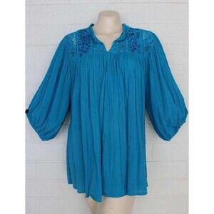 Vintage 70s Aquamarine Arte Huaxyacac Chipas Balloon Sleeve Crochet Lace Top OS